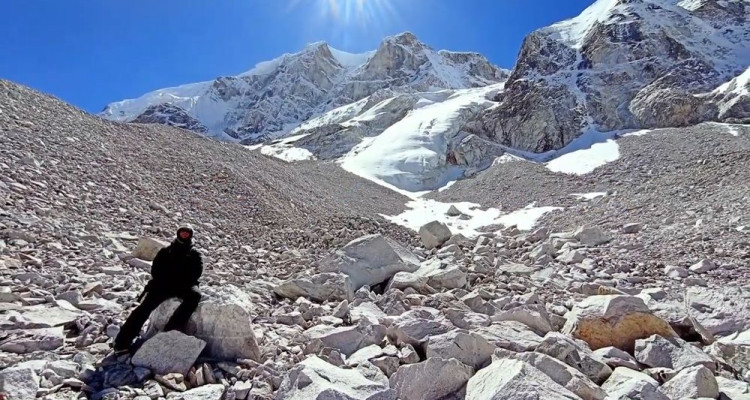 Trekkers climbing Larke Peak with stunning Himalayan views in Nepal
