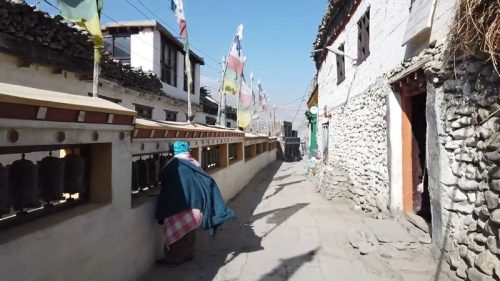 Mud-brick houses and narrow lanes of Kagbeni village on the Annapurna Circuit Trek, Nepal