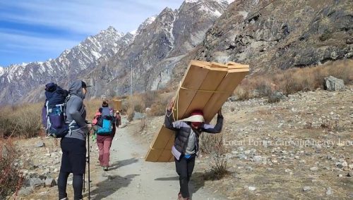 Local porter at Langtang village carrying timber