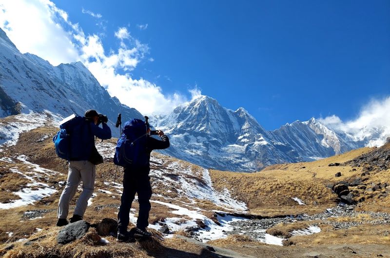 Annapurna Base Camp Trek trail with snow-capped Himalayan peaks in Nepal