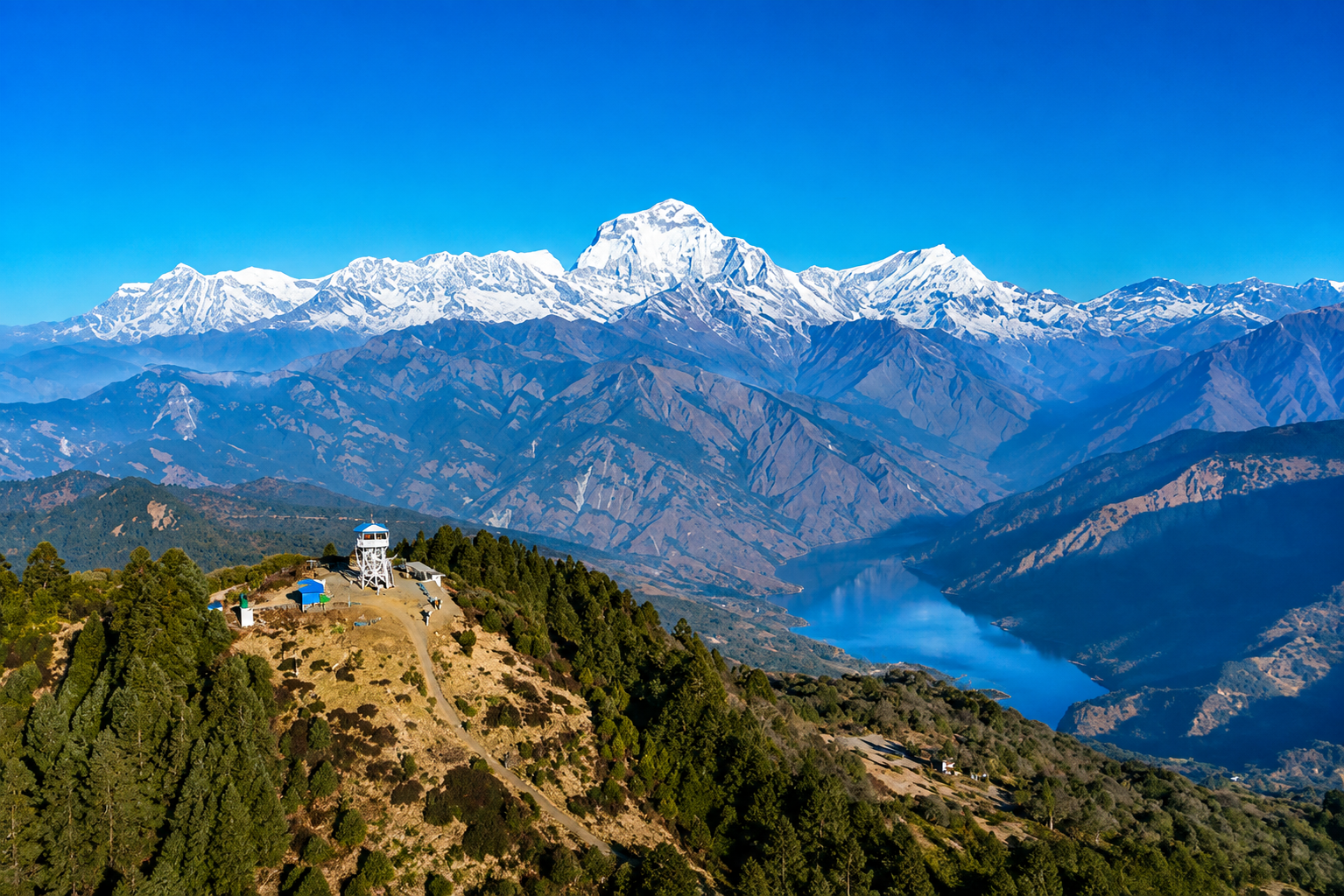 Dhaulagiri Mountain seen from Thapla Danda, with a clear mountain landscape and panoramic Himalayan views.