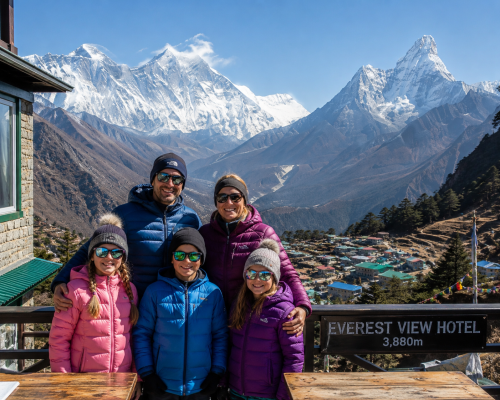 A family of two adults and three children trekking on the Everest View route, surrounded by Himalayan peaks, including Mount Everest and Ama Dablam, under clear blue skies.