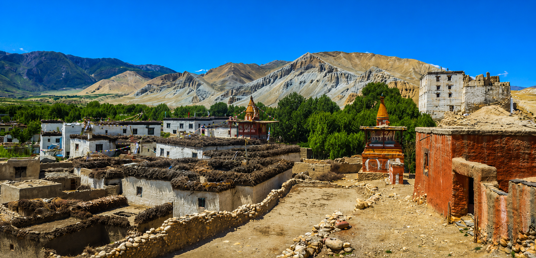 Upper Mustang village with ancient monasteries and Himalayan mountains
