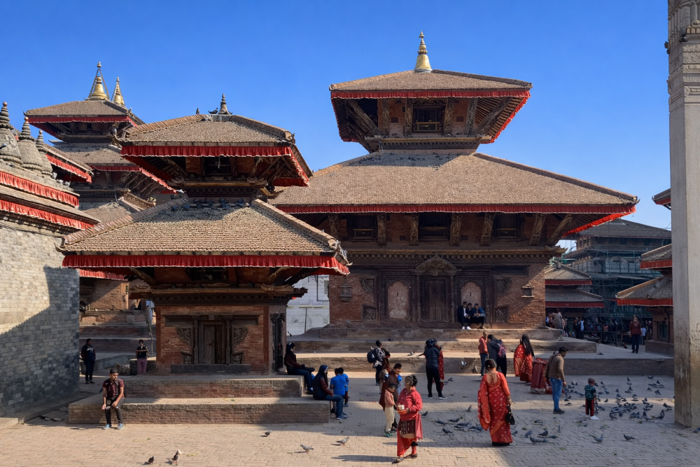 Kathmandu city tour showing historic temples at Kathmandu Durbar Square under blue sky