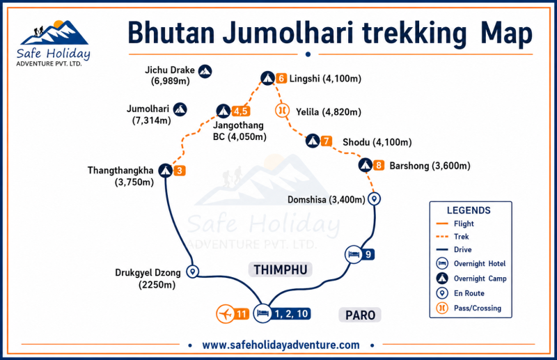 Jumolhari Bhutan Tour map - Bhutan's best trekking route