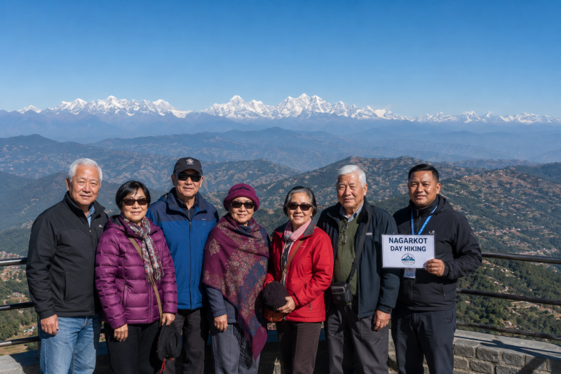 Group of people on top of Nagarkot scenic viewpoint Nepal
