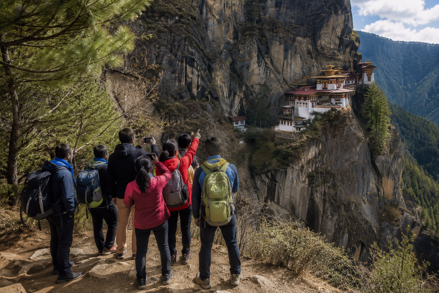 Bhutan tiger nest temple poinintg by travelers