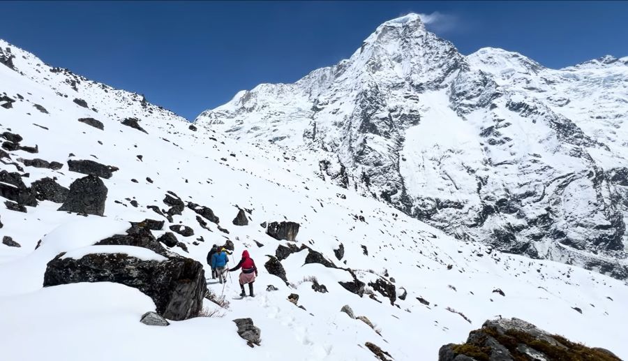Trekkers hiking through the scenic Jugal Himal Base Camp Trek in Nepal, surrounded by lush forests, alpine meadows, traditional villages, and snow-capped Himalayan peaks under a clear blue mountain sky.